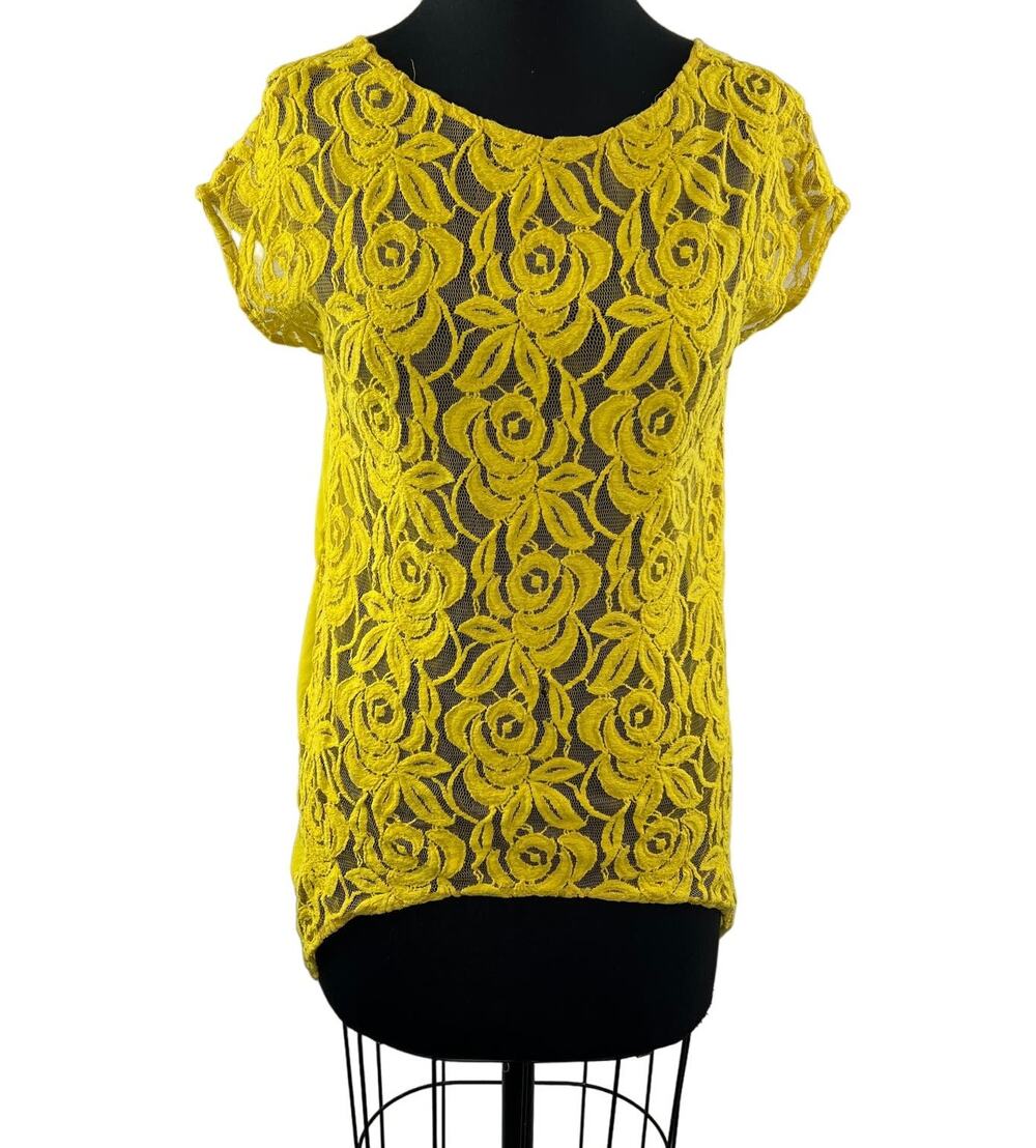 ZARA BASIC Bright Yellow Cotton Blend Lace Short Sleeve Round Neck Top Size S